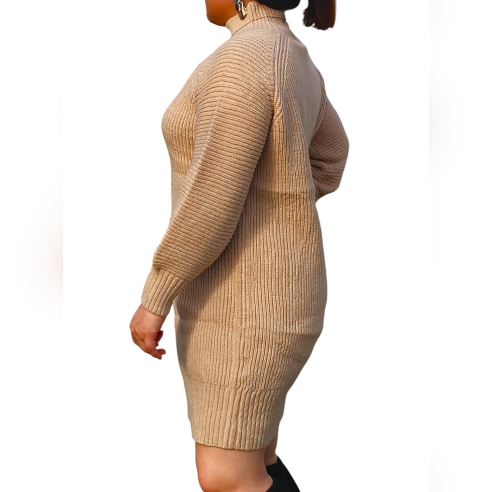 Tan Ribbed Knit Sweater Dress